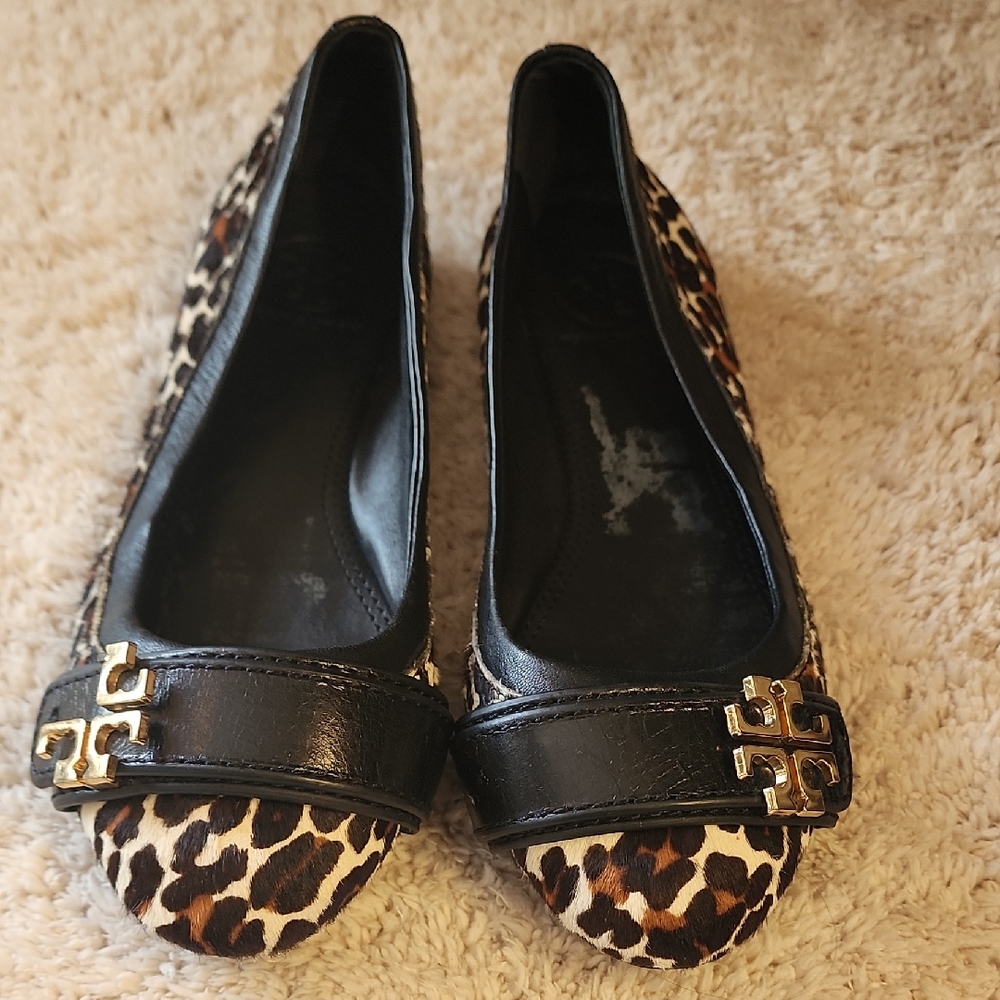 Tory Burch Leopard Print Flats with Black and Gold Accents
